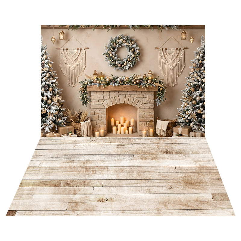 Toile de Fond Cheminée Boho avec Bougies + Toile de Sol en Bois Blanc Patiné CEMCBS65-27