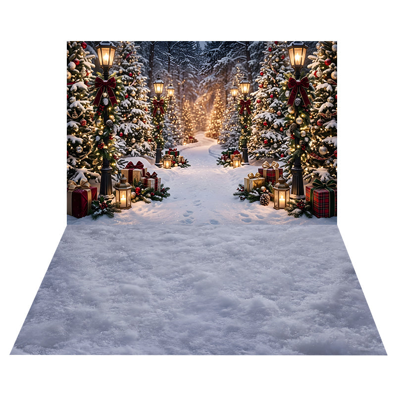 Toile de Fond Sentier Forestier Festif avec Lanternes + Toile de Sol Neige Bleu Froid CEMCBS65-28