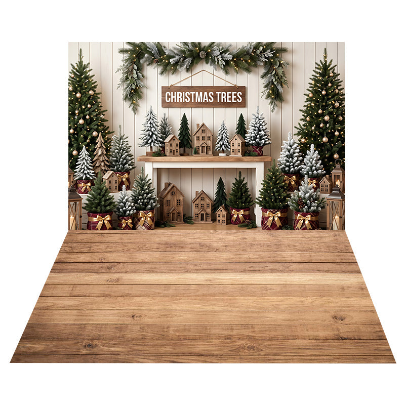 Toile de Fond Sapin de Noël Rustique + Toile de Sol en Bois Naturel Clair CEMCBS65-5