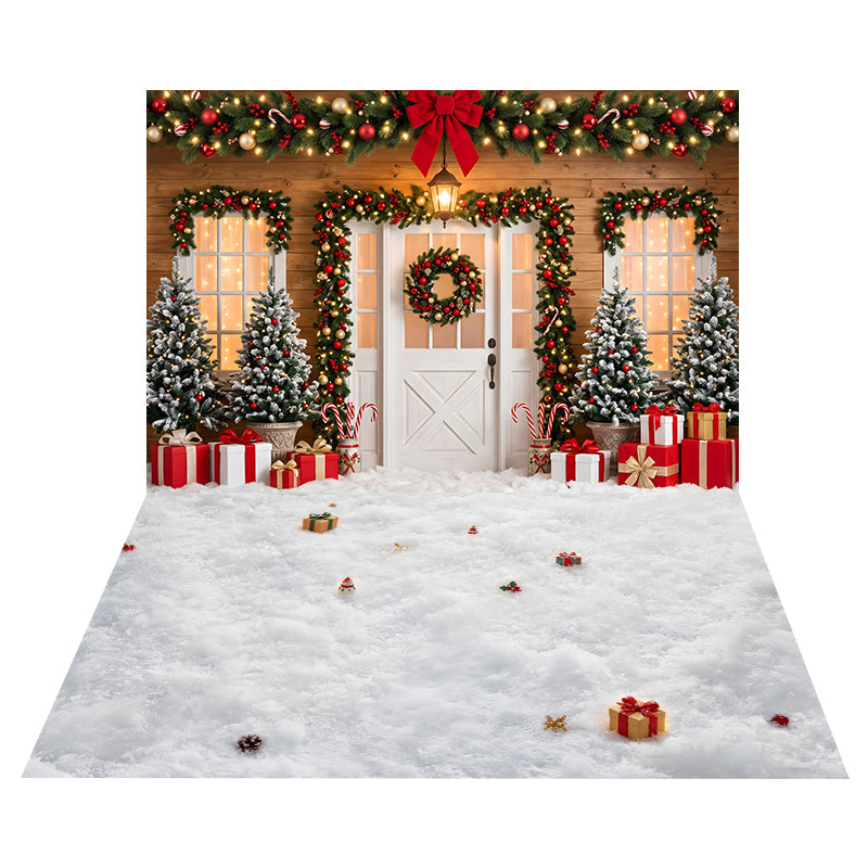 Toile de Fond Entrée Enneigée Festive + Toile de Sol Neige avec Cadeaux CEMCBS65-8