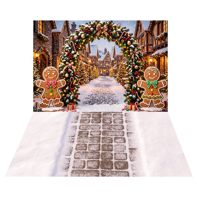 Toile de Fond Village en Pain d’Épices avec Guirlande + Toile de Sol Chemin Pavé Enneigé CEMCBS65-9