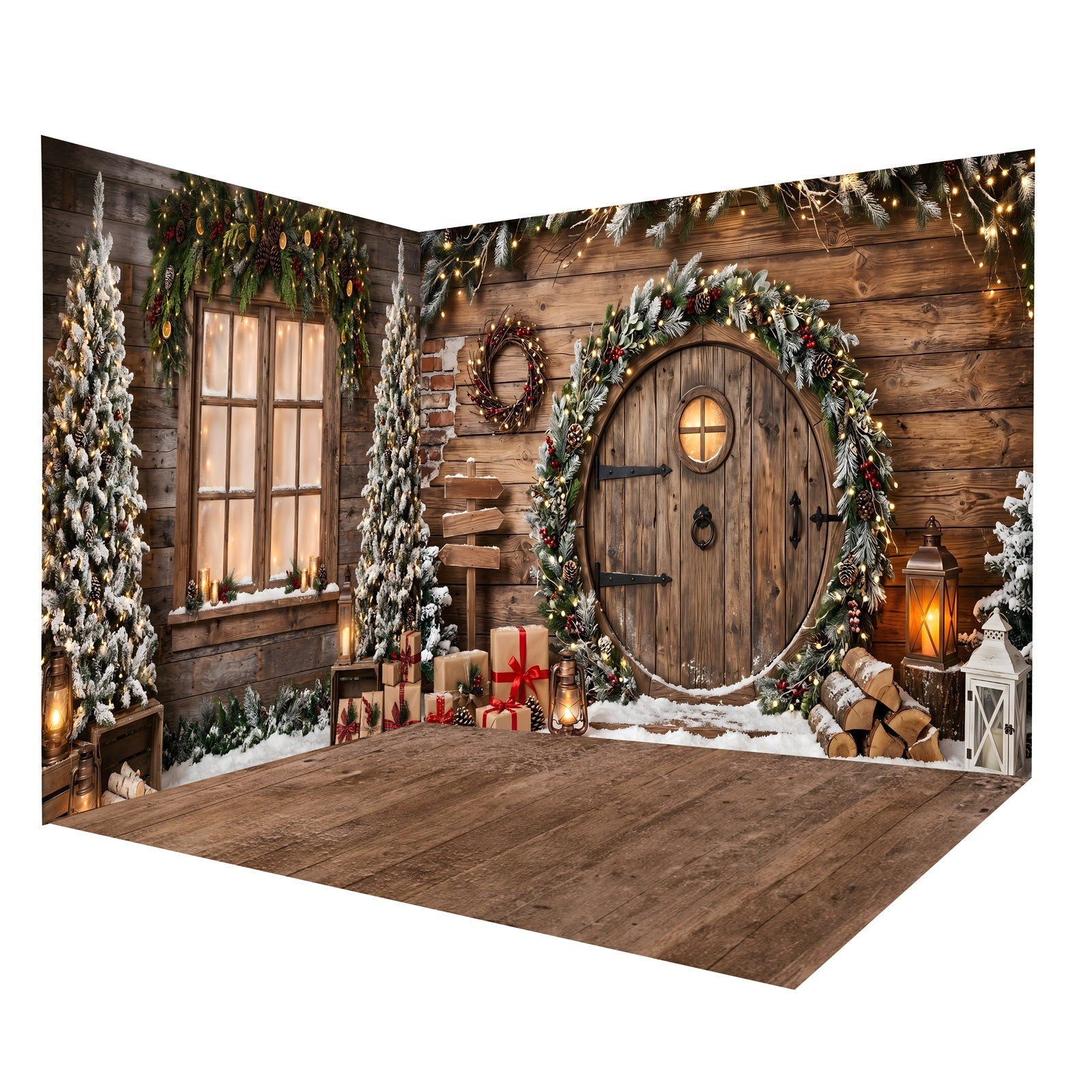 Toile de Fond de Noël Cottage Rustique avec Porte Ronde Ensemble Décor de Studio CEMRMS65-11