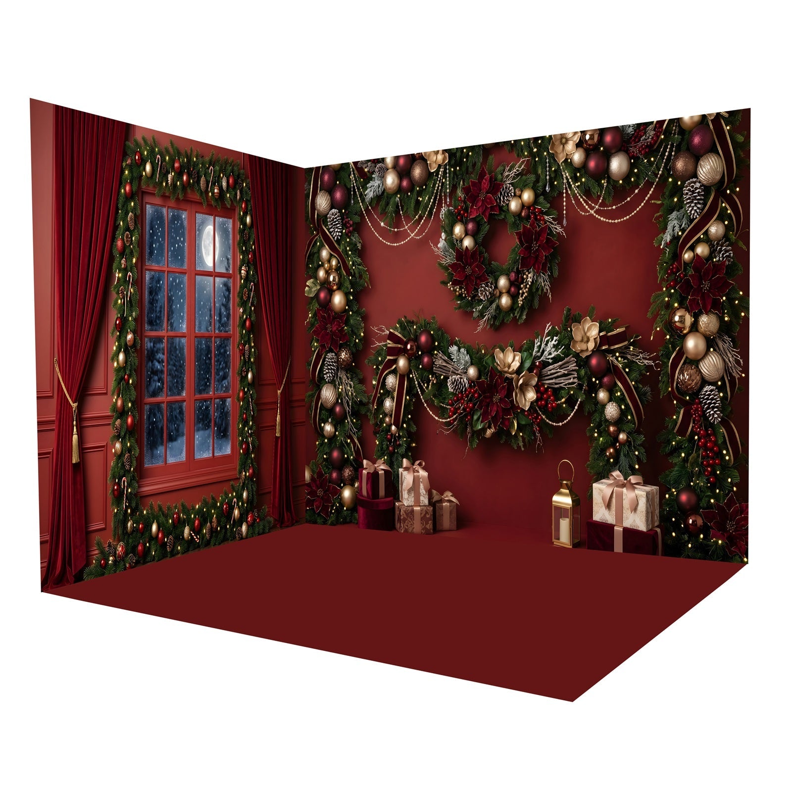 Toile de Fond Photo de Noël Guirlande Bordeaux et Couronne Ensemble Décor de Studio CEMRMS65-3