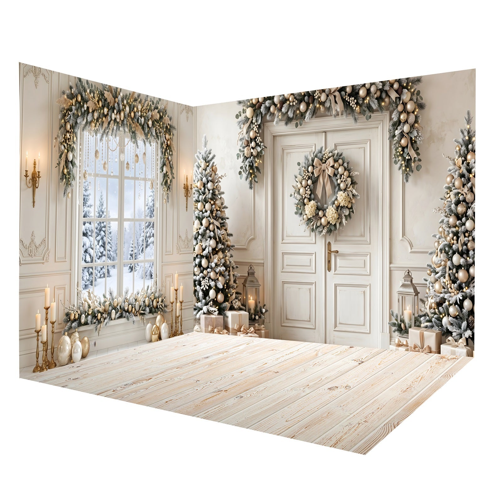 Toile de Fond de Noël Porte Ivoire avec Couronne Ensemble Décor de Studio CEMRMS65-4