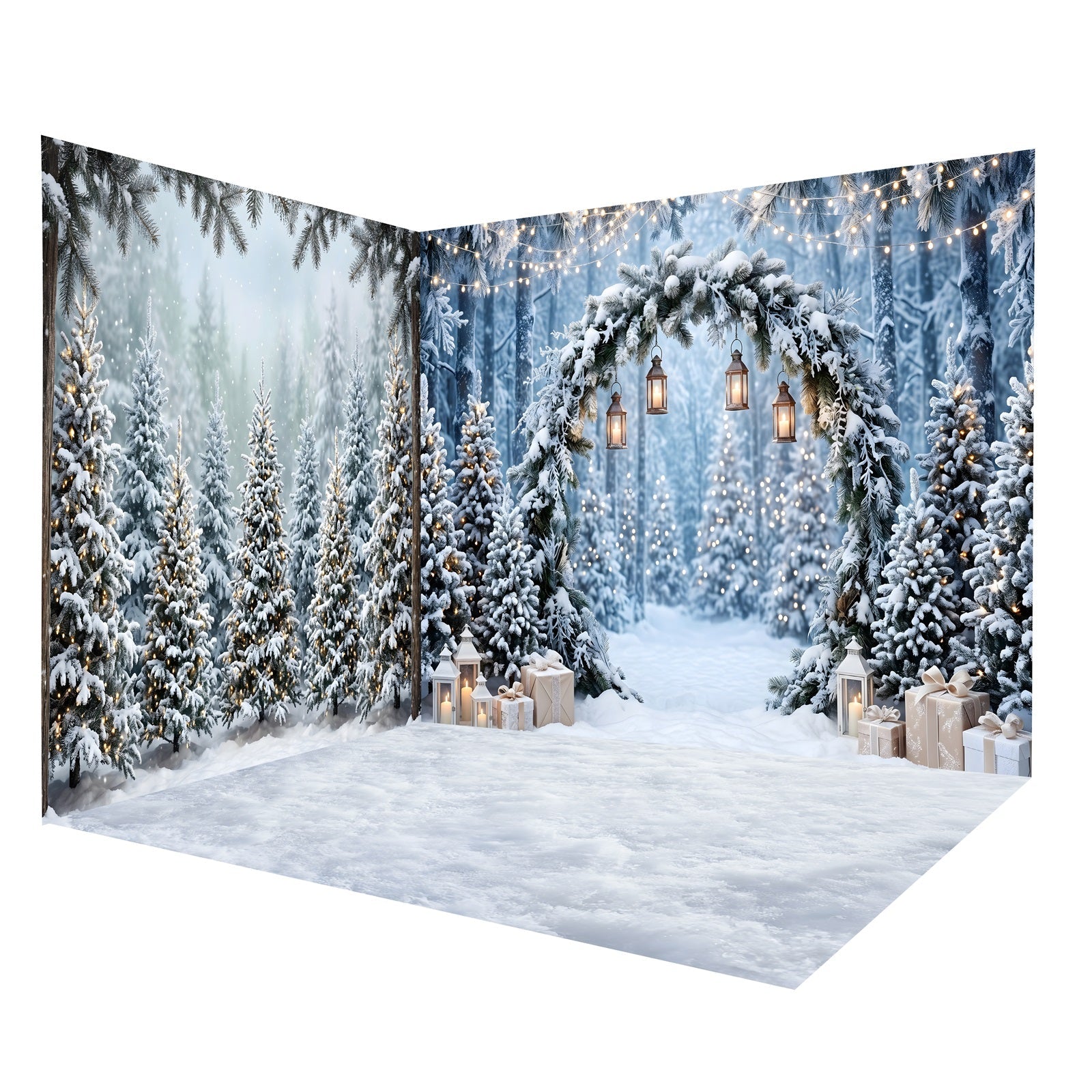 Toile de Fond Sapin de Noël Arche de Sapins Enneigés avec Lanternes Ensemble Décor de Studio CEMRMS65-8