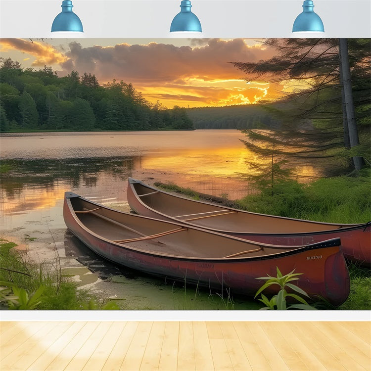 Toile de Fond Photographie Forêt Lac Tranquille Canoë Couchant CJJ2-131