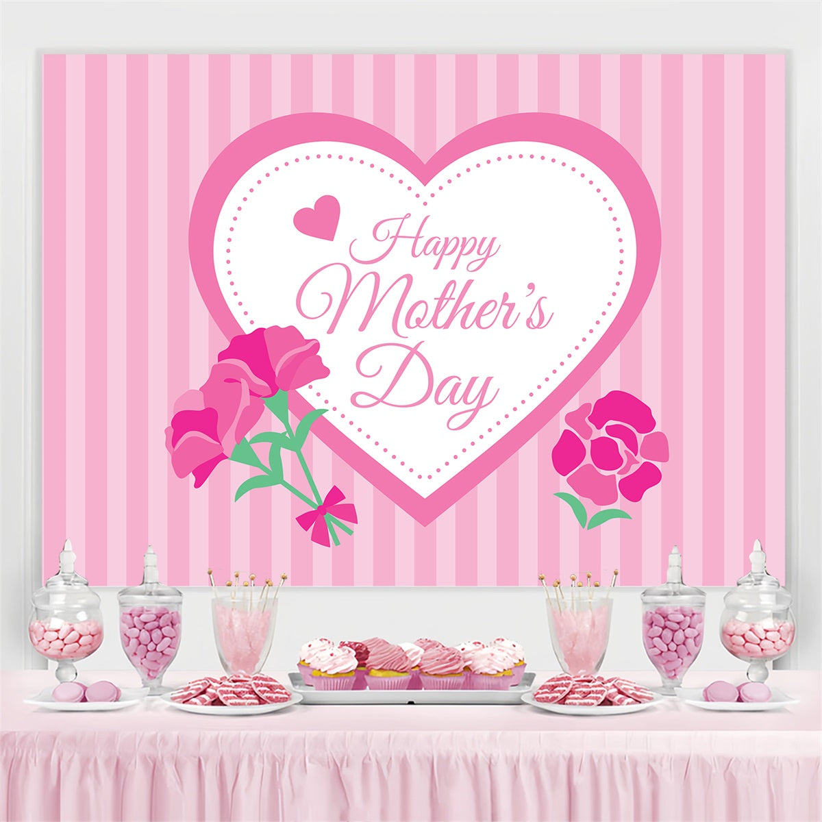 Toile de fond Fête des Mères Personnalisable Cœur Rayé Rose Festif CJJ3-154