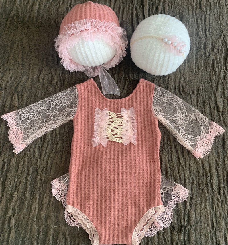 Nouveau-né Bébé Mignon Ensemble de fleurs en dentelle tricoté avec coiffe CL1