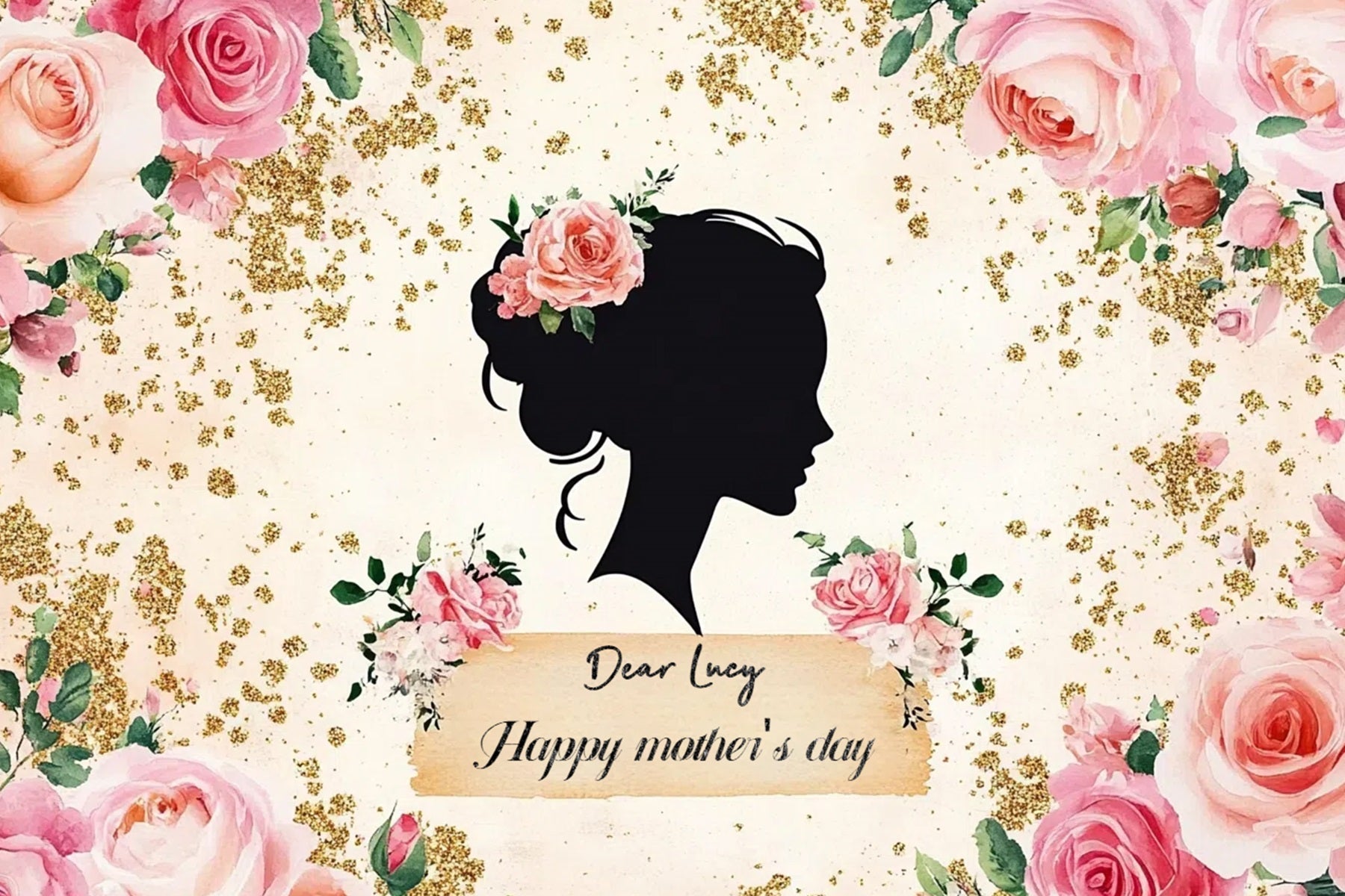 Toile de fond Fête des Mères Personnalisable Silhouette de Rose Dorée CSH-133