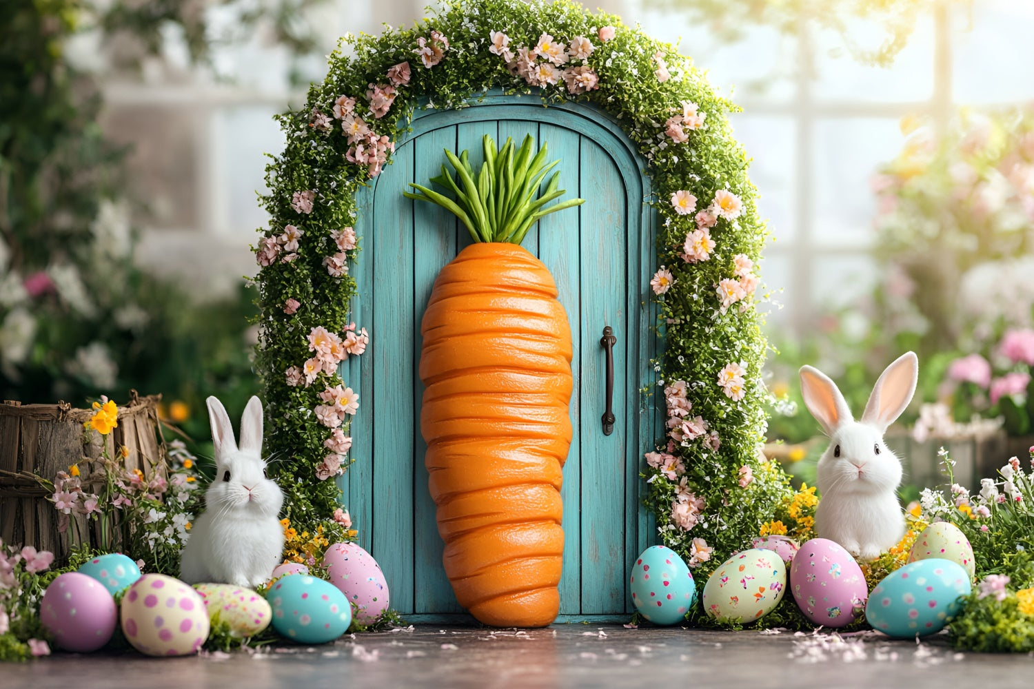 Toile de fond Pâques Porte aux Carottes Lapin Fleuri CSH2-1