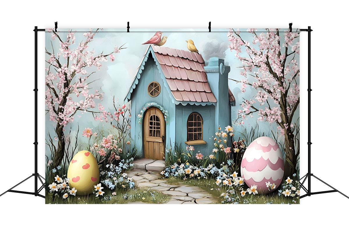 Toile de fond Photo Pâques Jardin d’Œufs Chalet Lapin CSH2-10