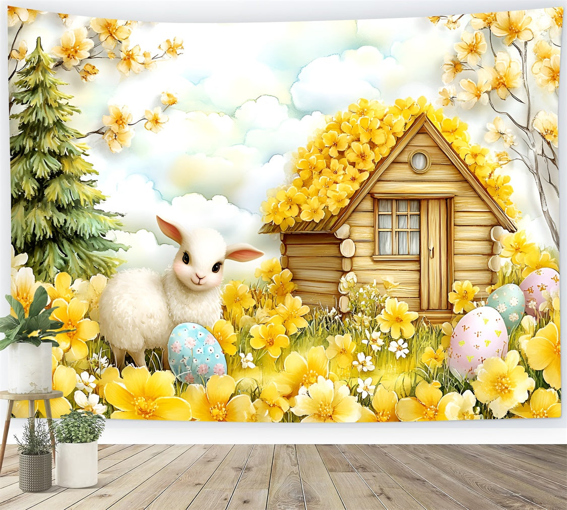 Toile de fond Pâques Agneau Heureux Jardin Fleurs Jaunes CSH2-11