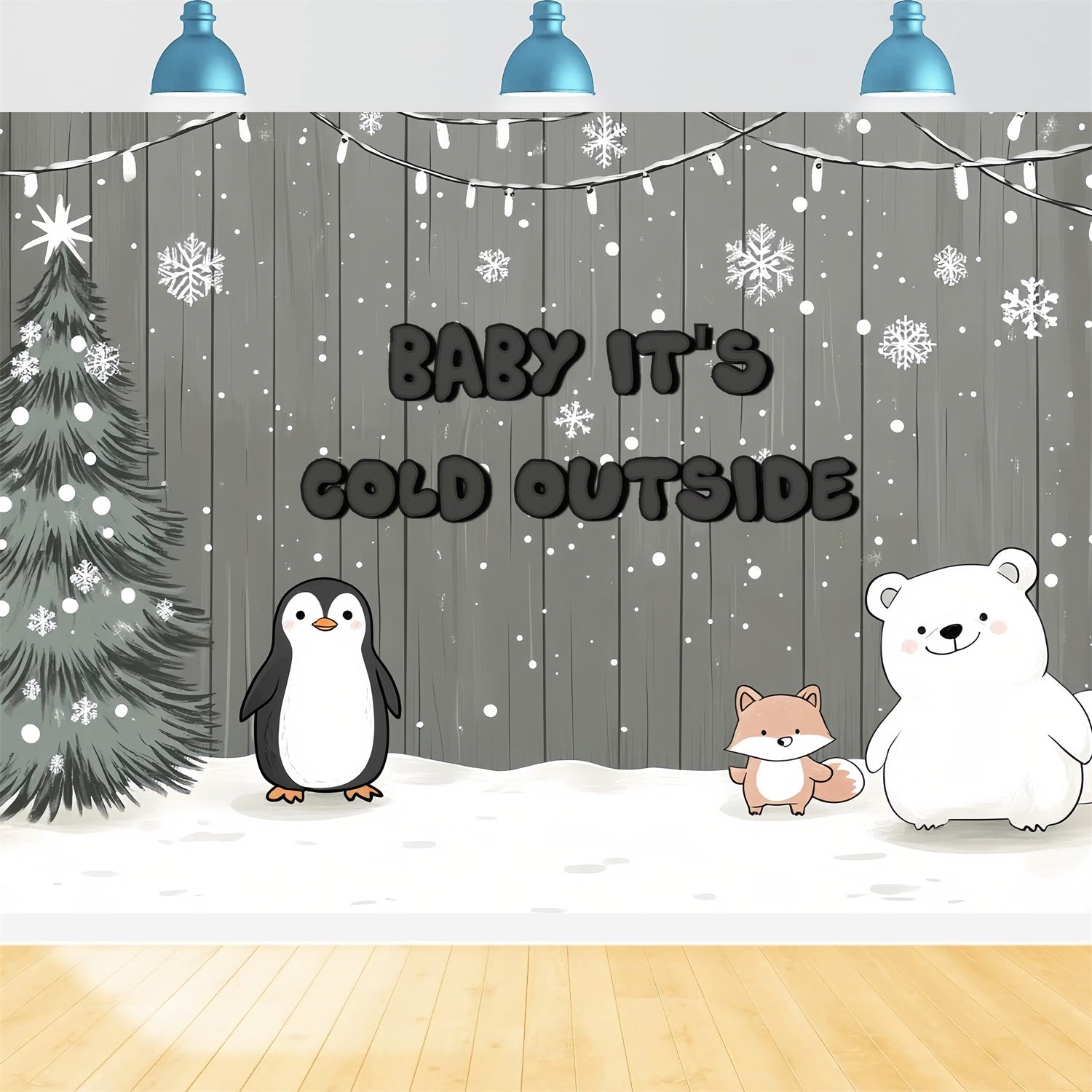 Toile de fond Baby Shower Rustique Flocons de Neige Animaux Polaires CSH2-124