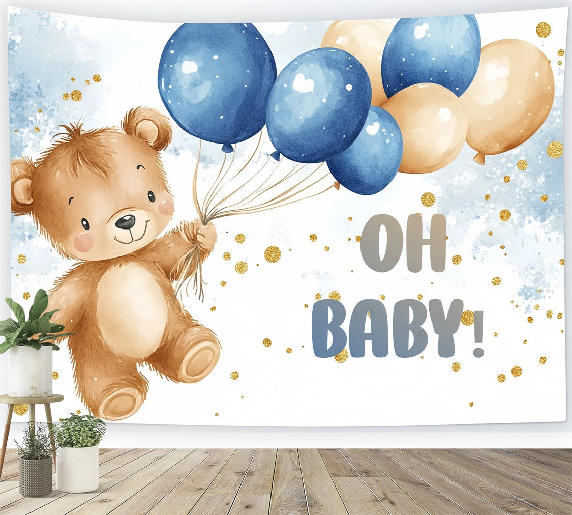 Toile de fond Baby Shower Ballons Ours Bleu Or CSH2-126