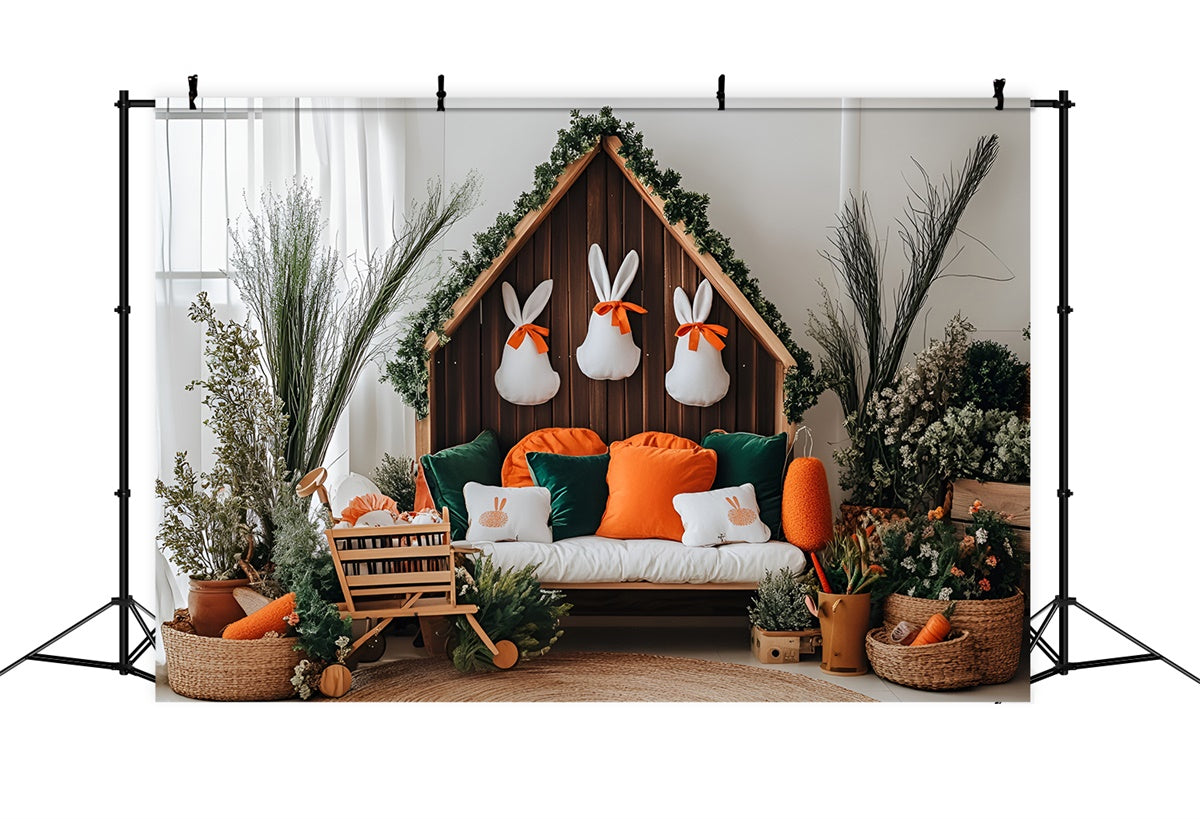 Toile de fond Déco Pâques Maison Lapin Douillet Coussins CSH2-13