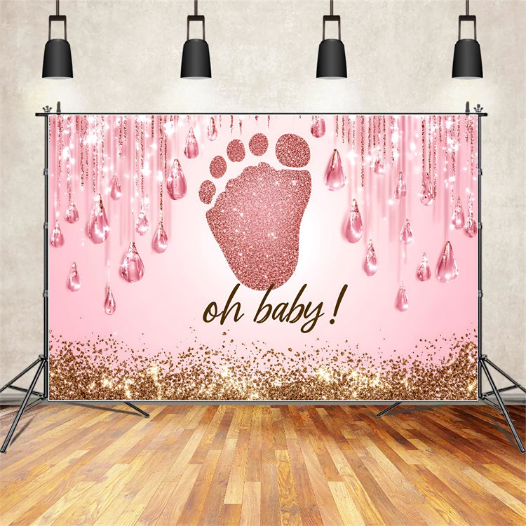 Toile de fond Baby Shower Rose Empreintes Pailletées Gouttelettes CSH2-131