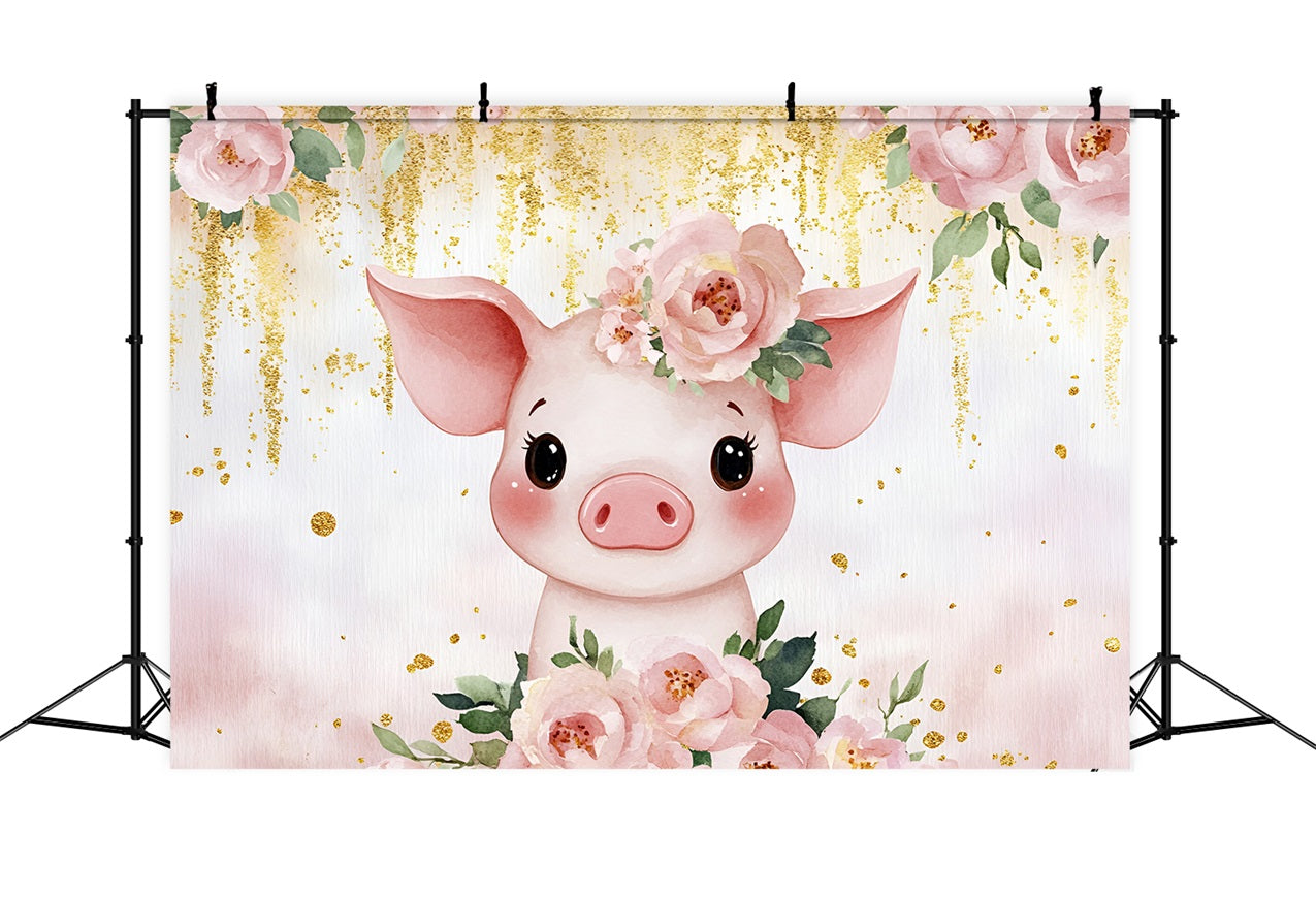 Toile de fond Baby Shower Cochon Fleurs Couronne CSH2-154