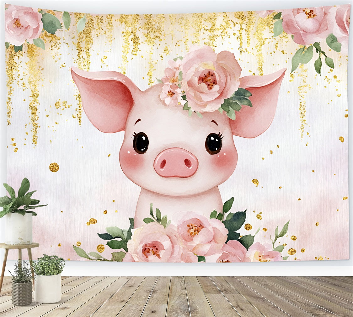 Toile de fond Baby Shower Cochon Fleurs Couronne CSH2-154