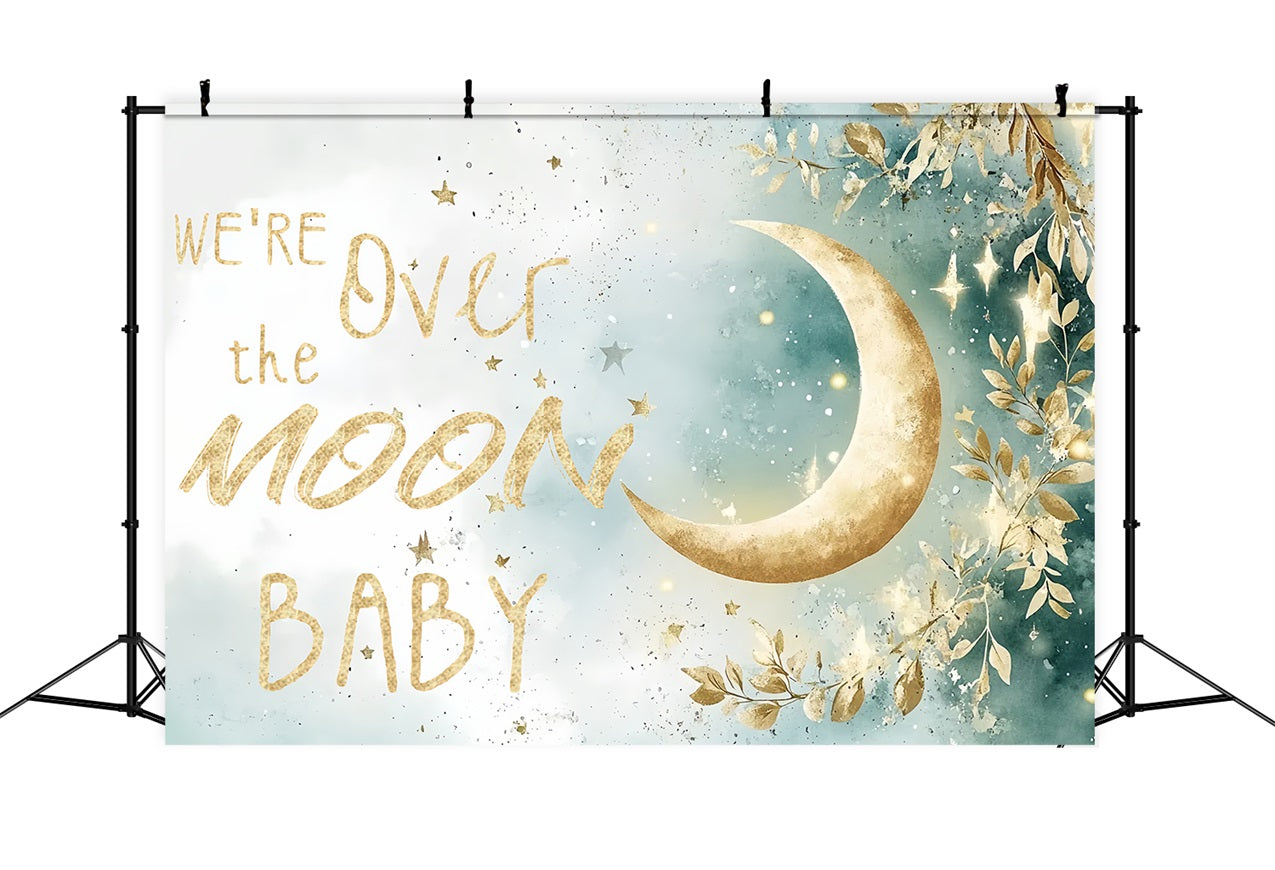 Toile de fond Baby Shower Lune Étoiles Feuillage Scintillant CSH2-170