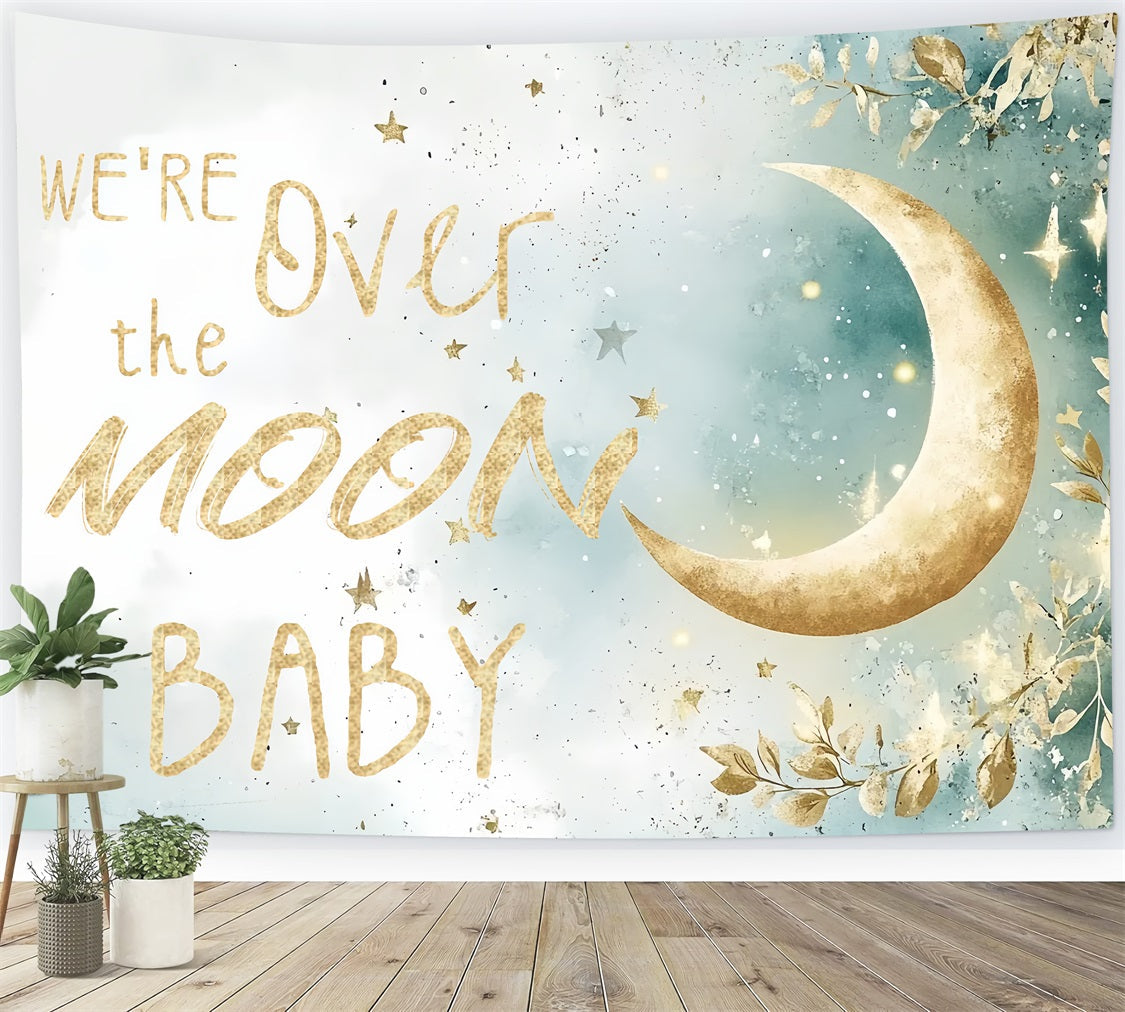 Toile de fond Baby Shower Lune Étoiles Feuillage Scintillant CSH2-170