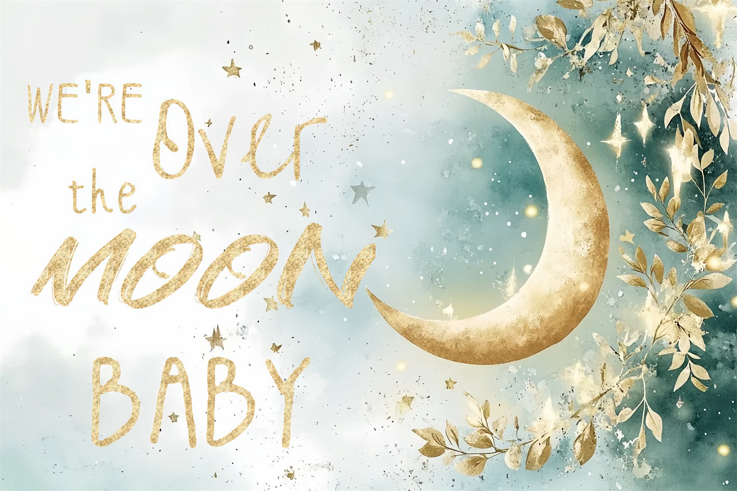 Toile de fond Baby Shower Lune Étoiles Feuillage Scintillant CSH2-170