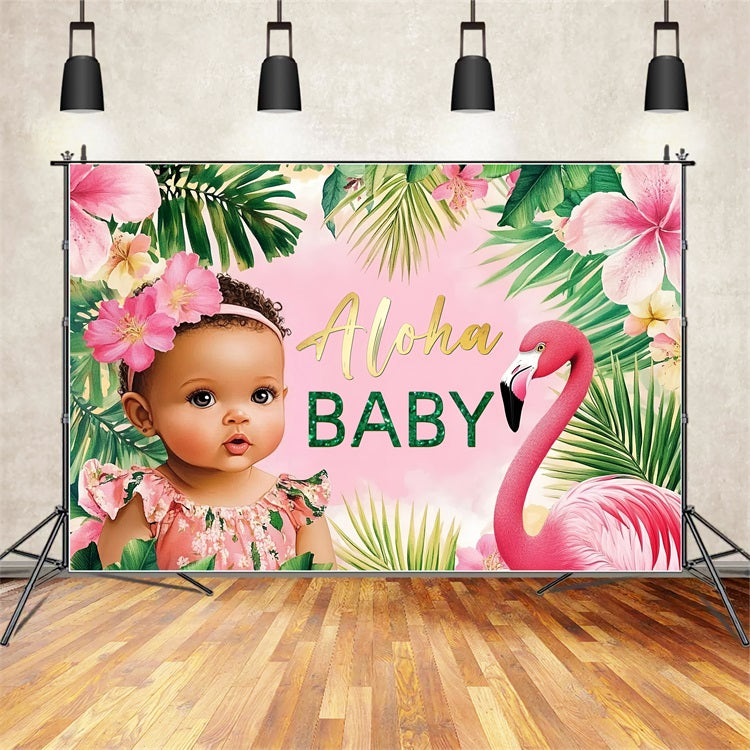 Toile de fond Baby Shower Tropical Flamant Rose Fleurs CSH2-179