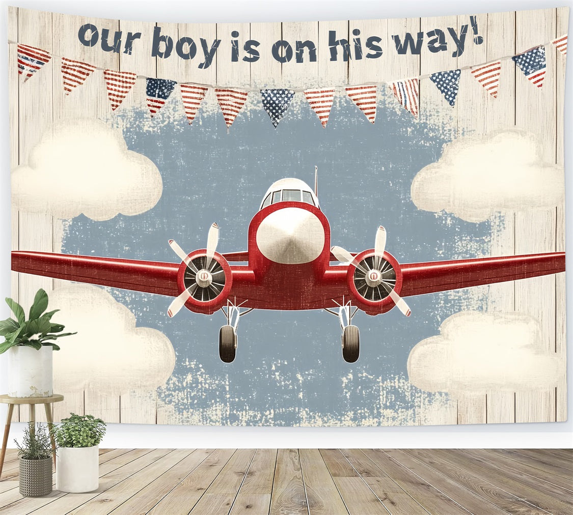 Toile de fond Shower de bébé Garçon Avion Vintage Arrivée Bébé CSH2-202