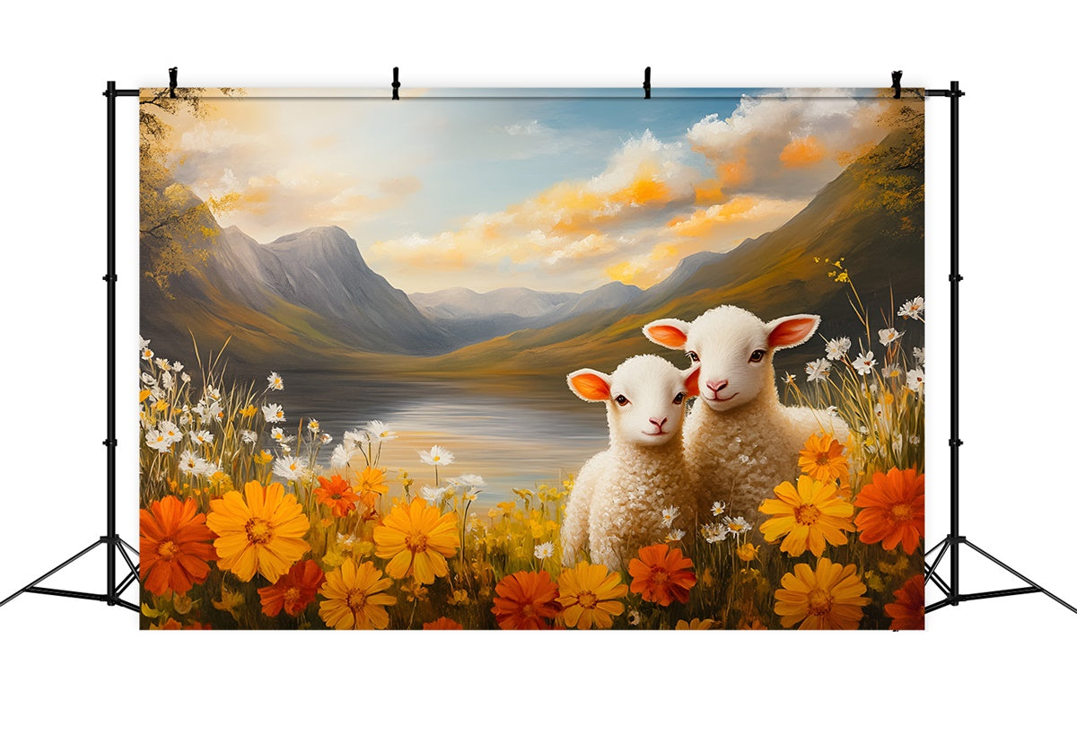 Toile de fond Photo Pâques Agneaux Adorables Vue Montagne CSH2-31