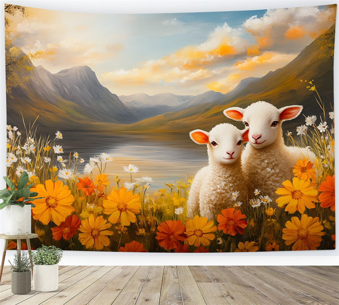 Toile de fond Photo Pâques Agneaux Adorables Vue Montagne CSH2-31