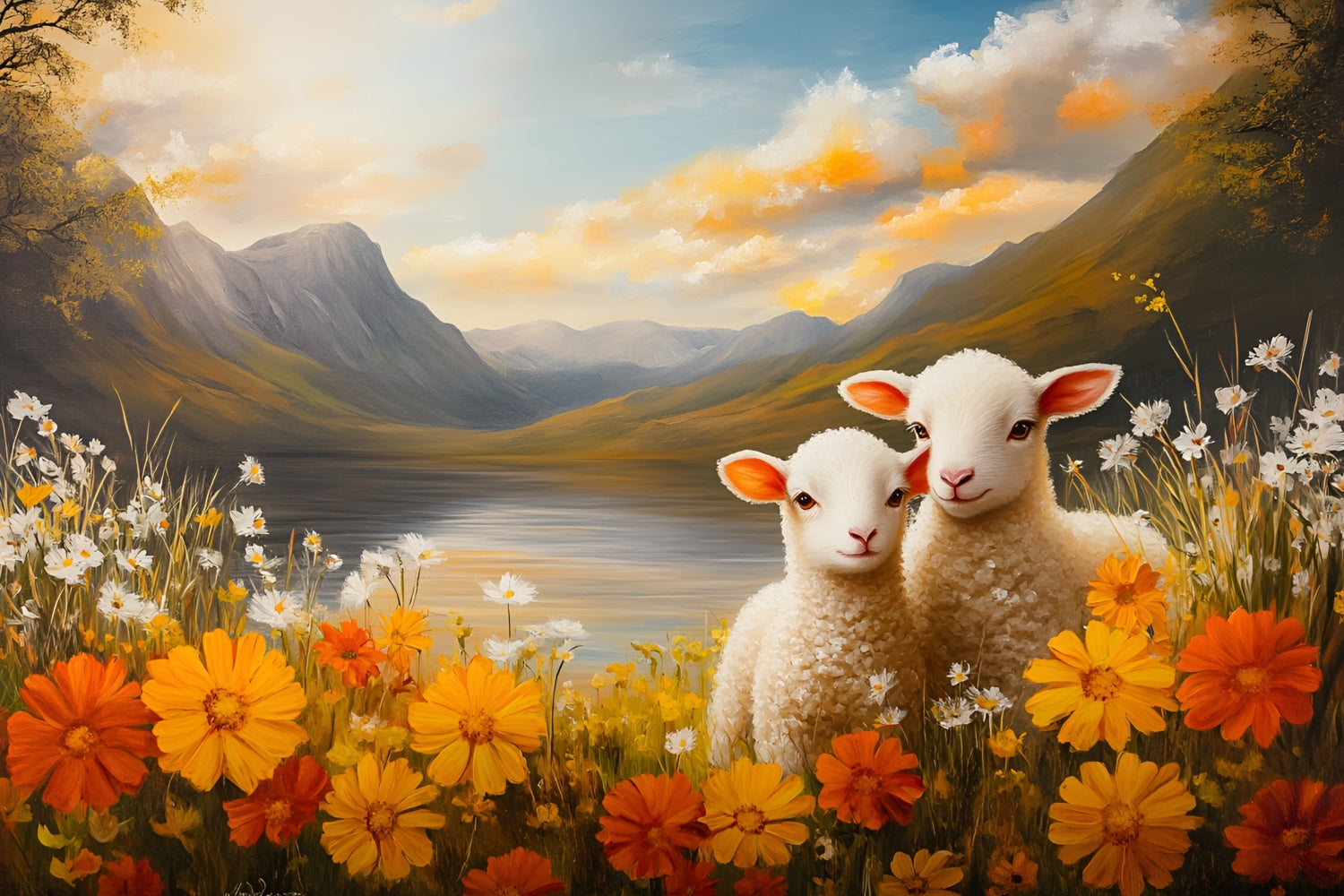 Toile de fond Photo Pâques Agneaux Adorables Vue Montagne CSH2-31