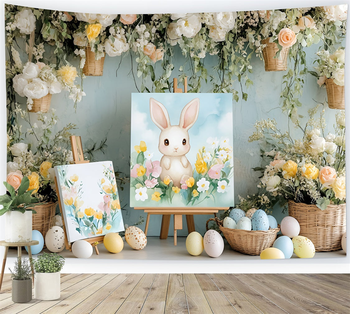 Toile de fond Photo Pâques Lapin Doux Peignant Fleurs CSH2-39