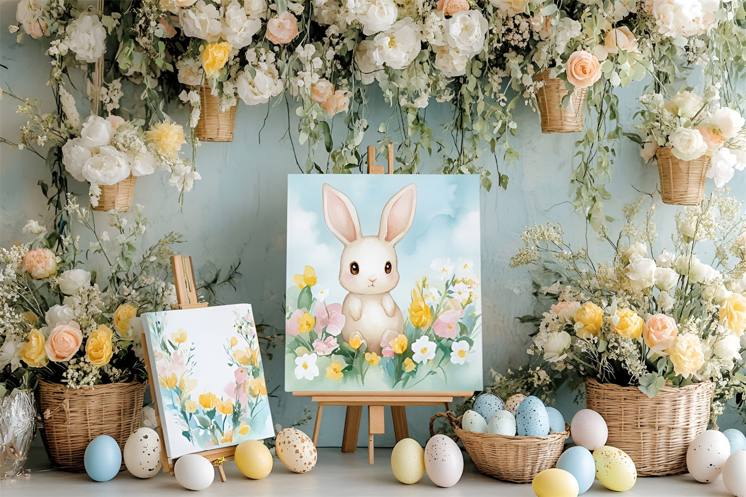 Toile de fond Photo Pâques Lapin Doux Peignant Fleurs CSH2-39