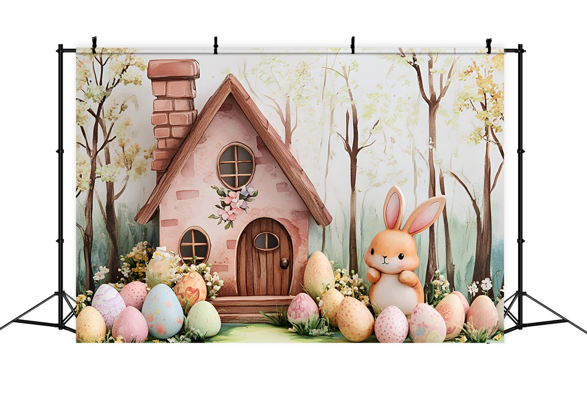 Toile de fond Photo Pâques Chalet Lapin Œufs Fleuris CSH2-4