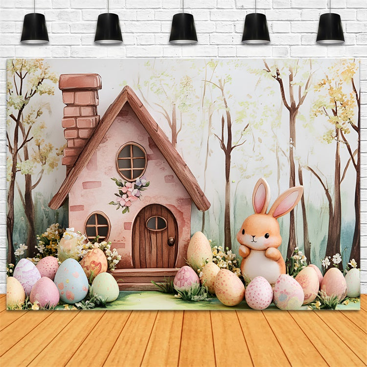 Toile de fond Photo Pâques Chalet Lapin Œufs Fleuris CSH2-4