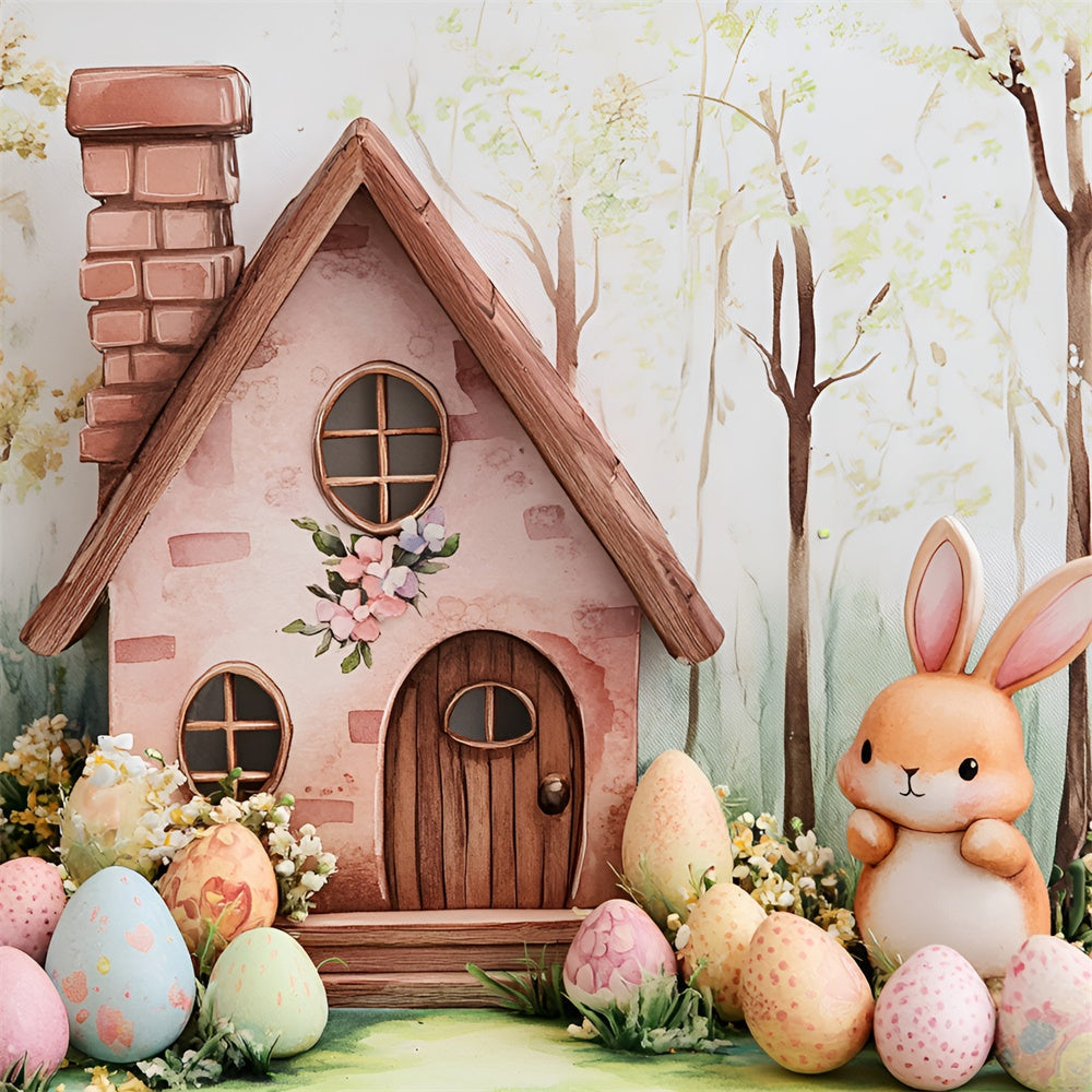 Toile de fond Photo Pâques Chalet Lapin Œufs Fleuris CSH2-4