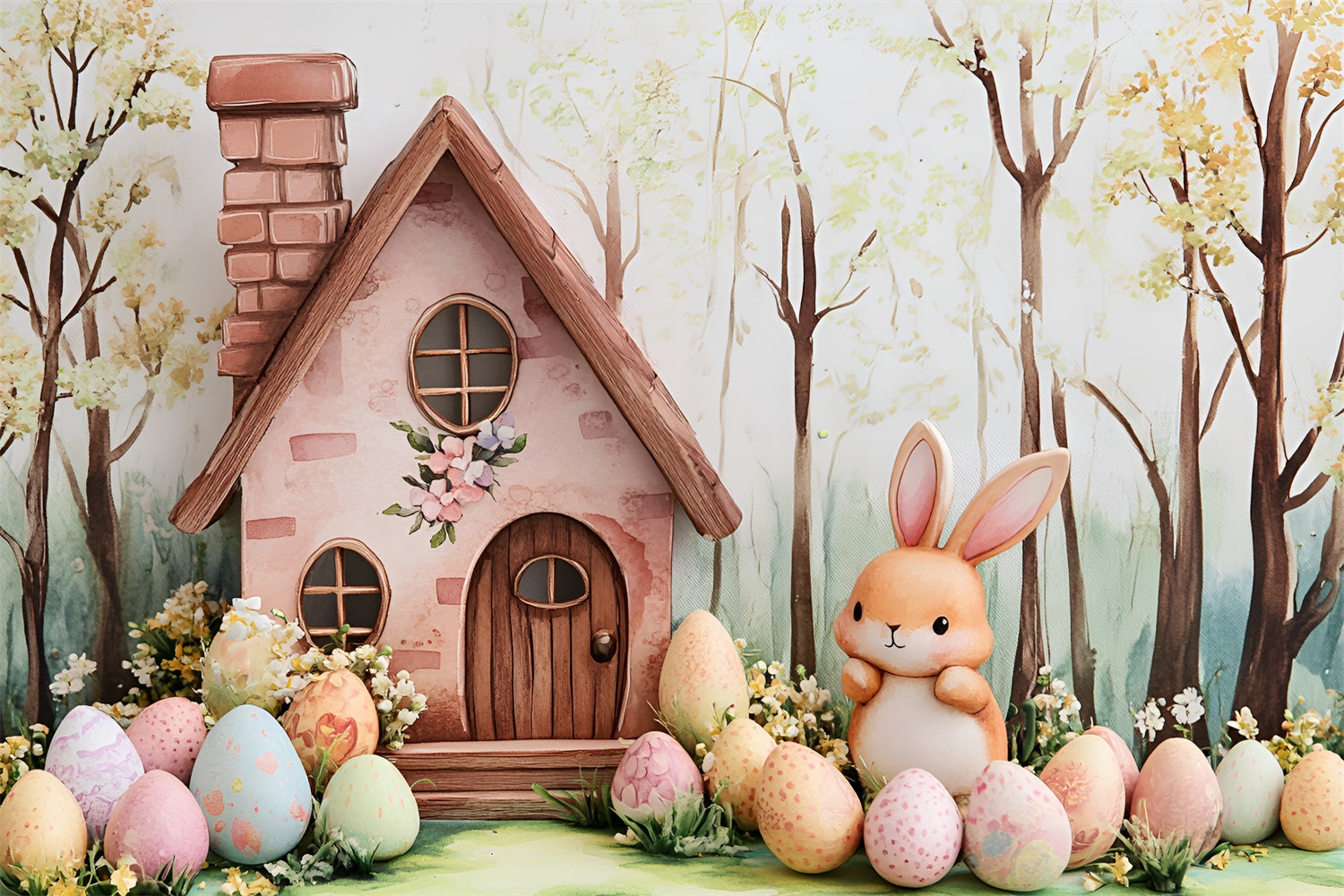 Toile de fond Photo Pâques Chalet Lapin Œufs Fleuris CSH2-4