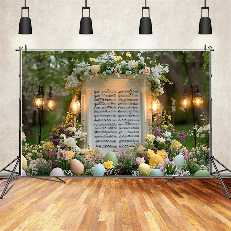 Toile de fond Studio Photo Pâques Jardin Partitions Musicales et Fleurs CSH2-47