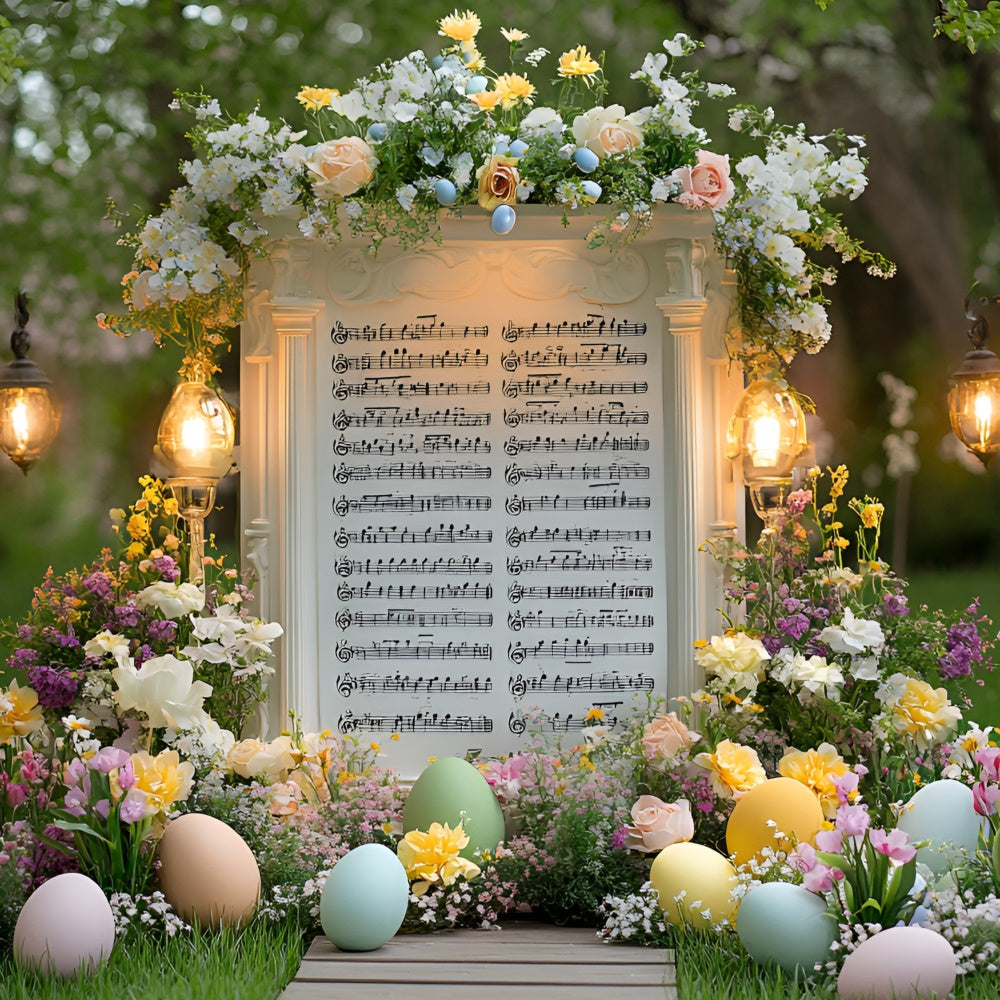 Toile de fond Studio Photo Pâques Jardin Partitions Musicales et Fleurs CSH2-47