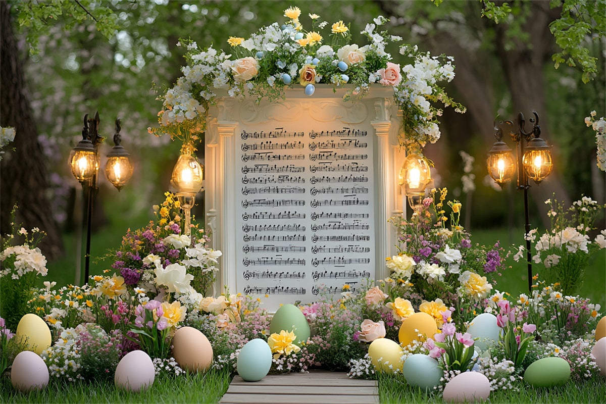 Toile de fond Studio Photo Pâques Jardin Partitions Musicales et Fleurs CSH2-47