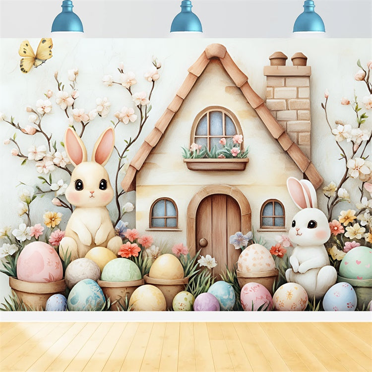 Toile de fond Déco Pâques Maison Lapin Œufs Fleuris CSH2-5