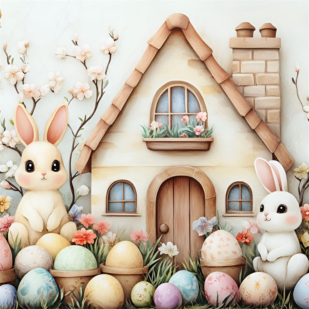 Toile de fond Déco Pâques Maison Lapin Œufs Fleuris CSH2-5