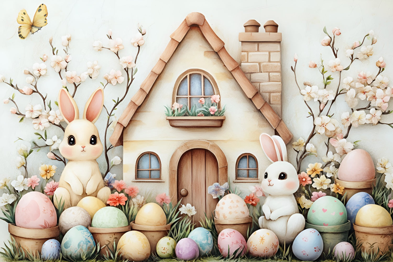 Toile de fond Déco Pâques Maison Lapin Œufs Fleuris CSH2-5