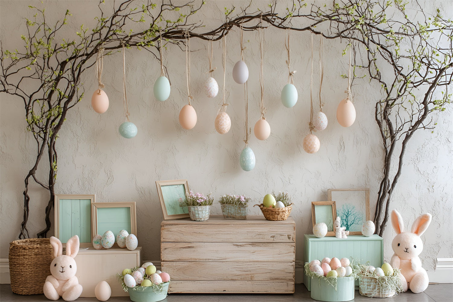 Toile de fond Studio Photo Pâques Lapins Peluches Œufs Suspendus CSH2-50