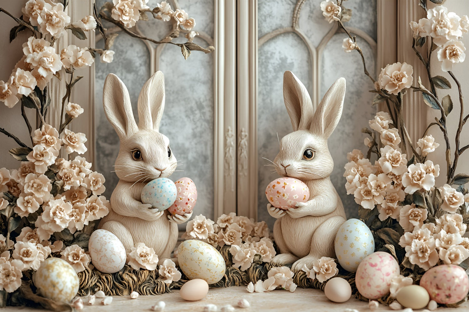 Toile de Fond Photo Pâques Lapin Floral Beige Doux CSH2-58