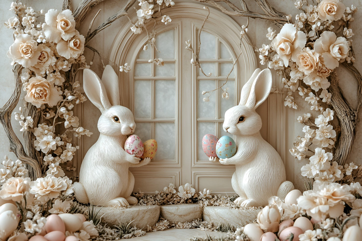 Toile de Fond Pâques Fenêtre Lapin Floral Rustique CSH2-59