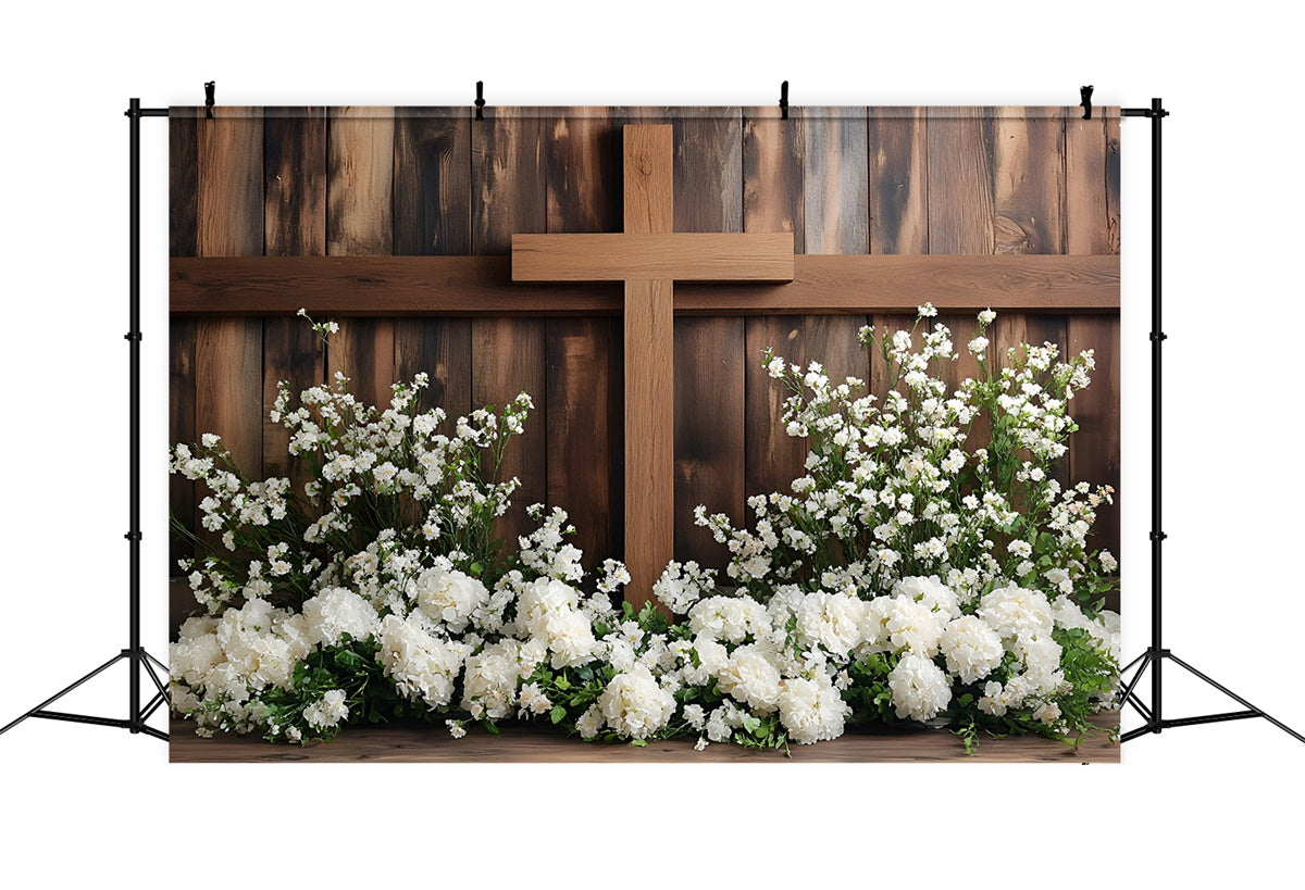 Toile de Fond Déco Pâques Croix Bois Sacrée Fleurs CSH2-66