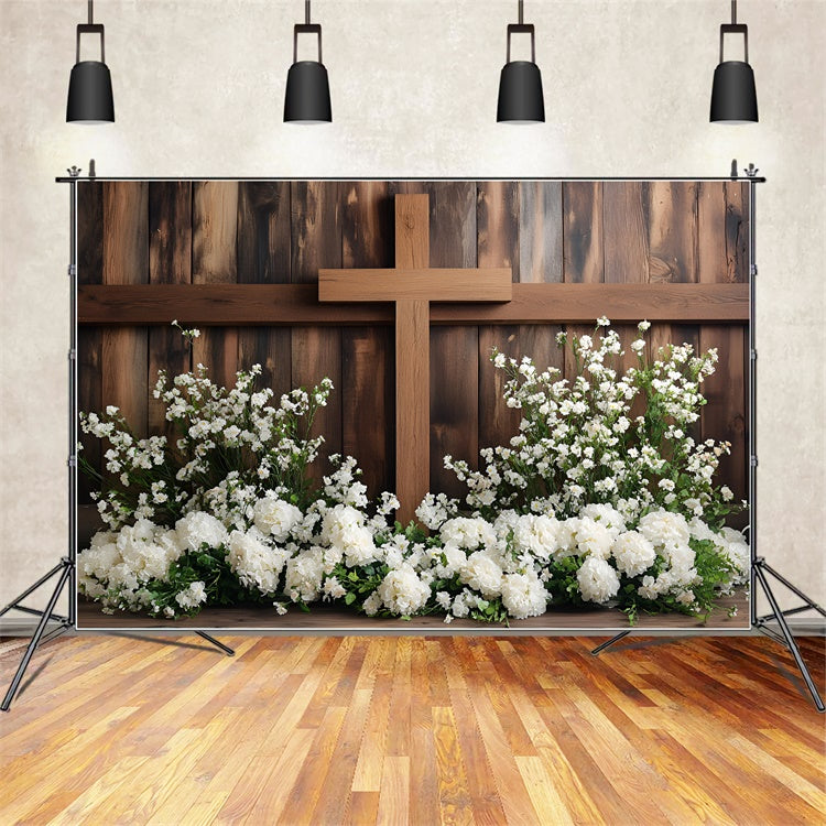 Toile de Fond Déco Pâques Croix Bois Sacrée Fleurs CSH2-66