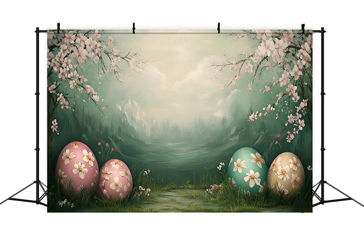Toile de fond Déco Pâques Cerisier en Fleurs Œufs Pastel CSH2-9