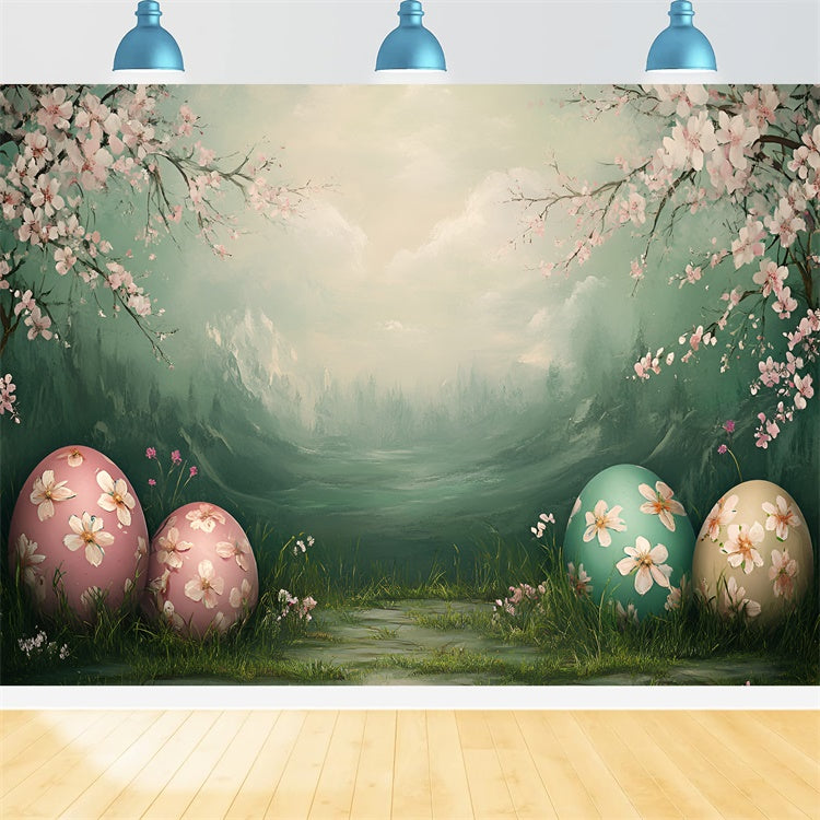Toile de fond Déco Pâques Cerisier en Fleurs Œufs Pastel CSH2-9