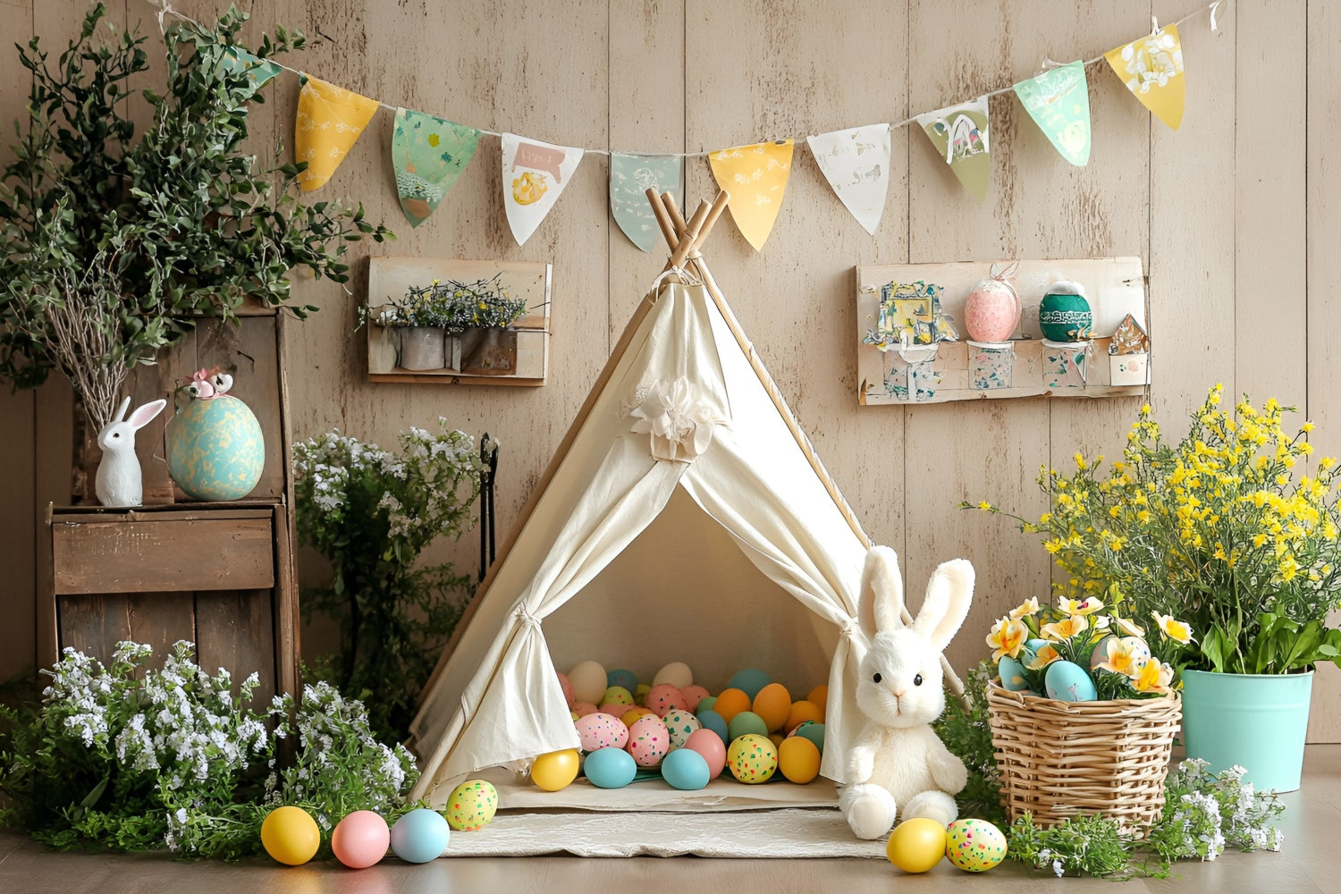 Toile de Fond Photo Pâques Teepee Vintage Œufs Lapin CSH2-92